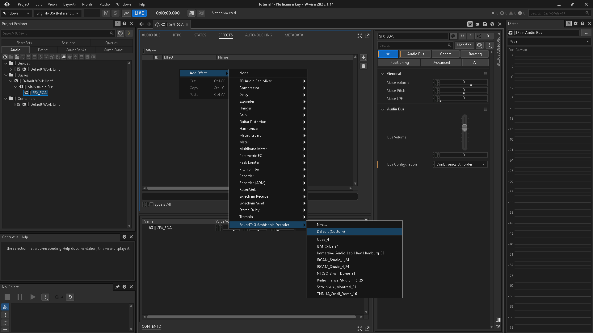 Add SoundTeG Ambisonic Decoder on the bus’s Effects tab.