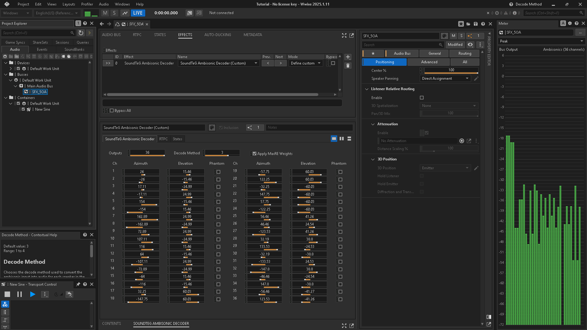 Play the sound and inspect the decoded output with your configured speaker layout.