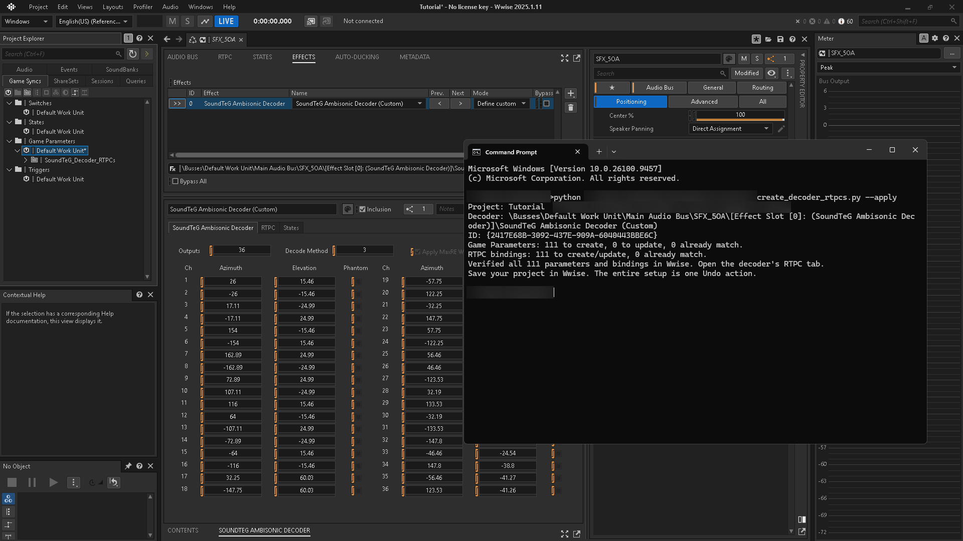 The helper reports the created Game Parameters and verified RTPC bindings.