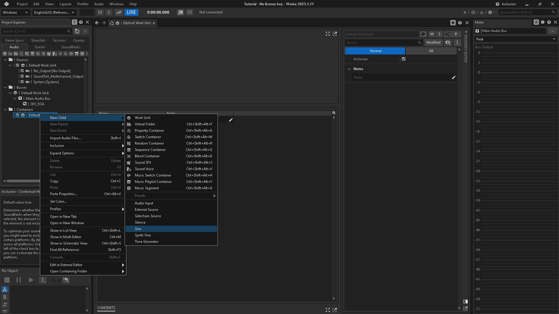 Create a Sine source for a playback test.