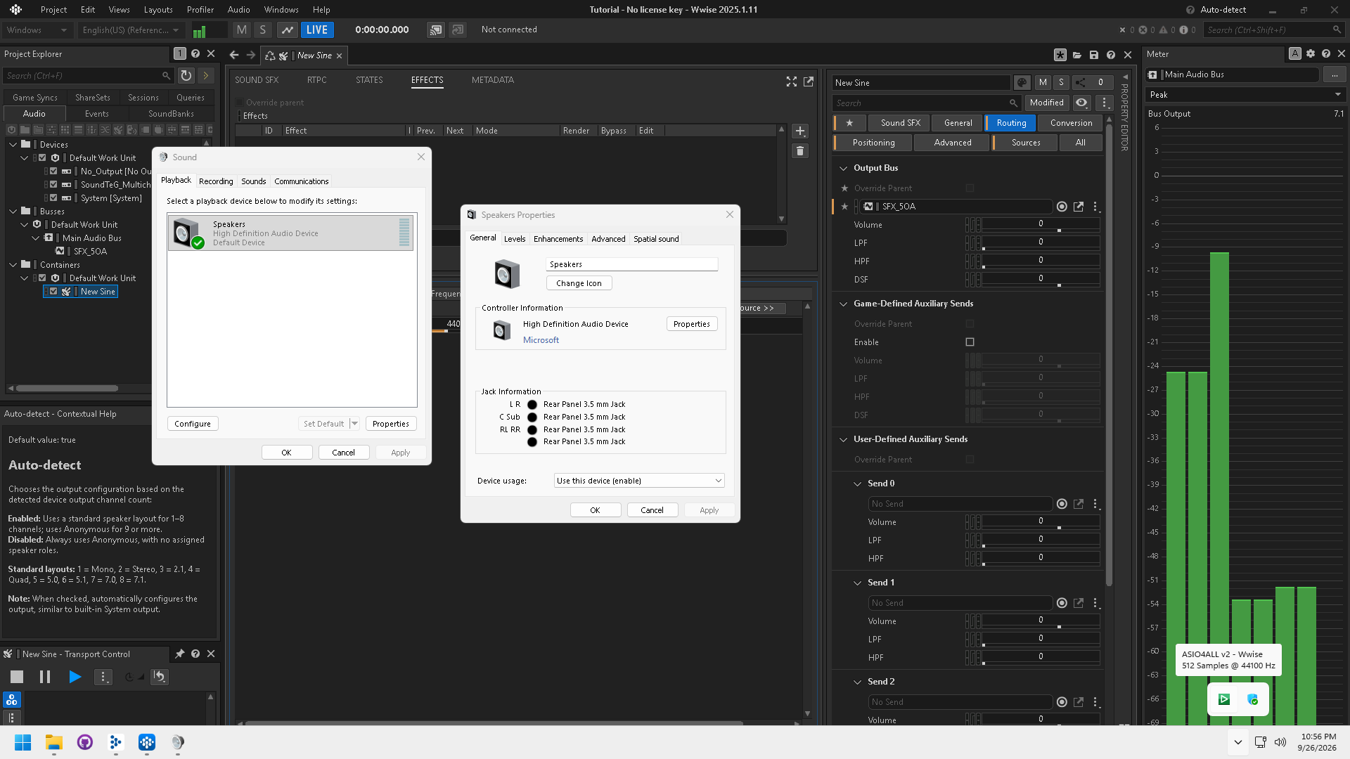 Inspect the physical audio device and its available output channels. ASIO is also supported.