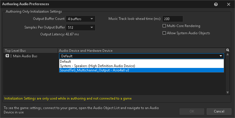Select the plug-in and ASIO hardware in Authoring Audio Preferences.